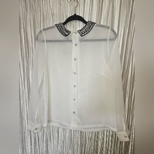 White Sheer Beaded Collar Blouse- Women's Size 8 (fits like Size S)